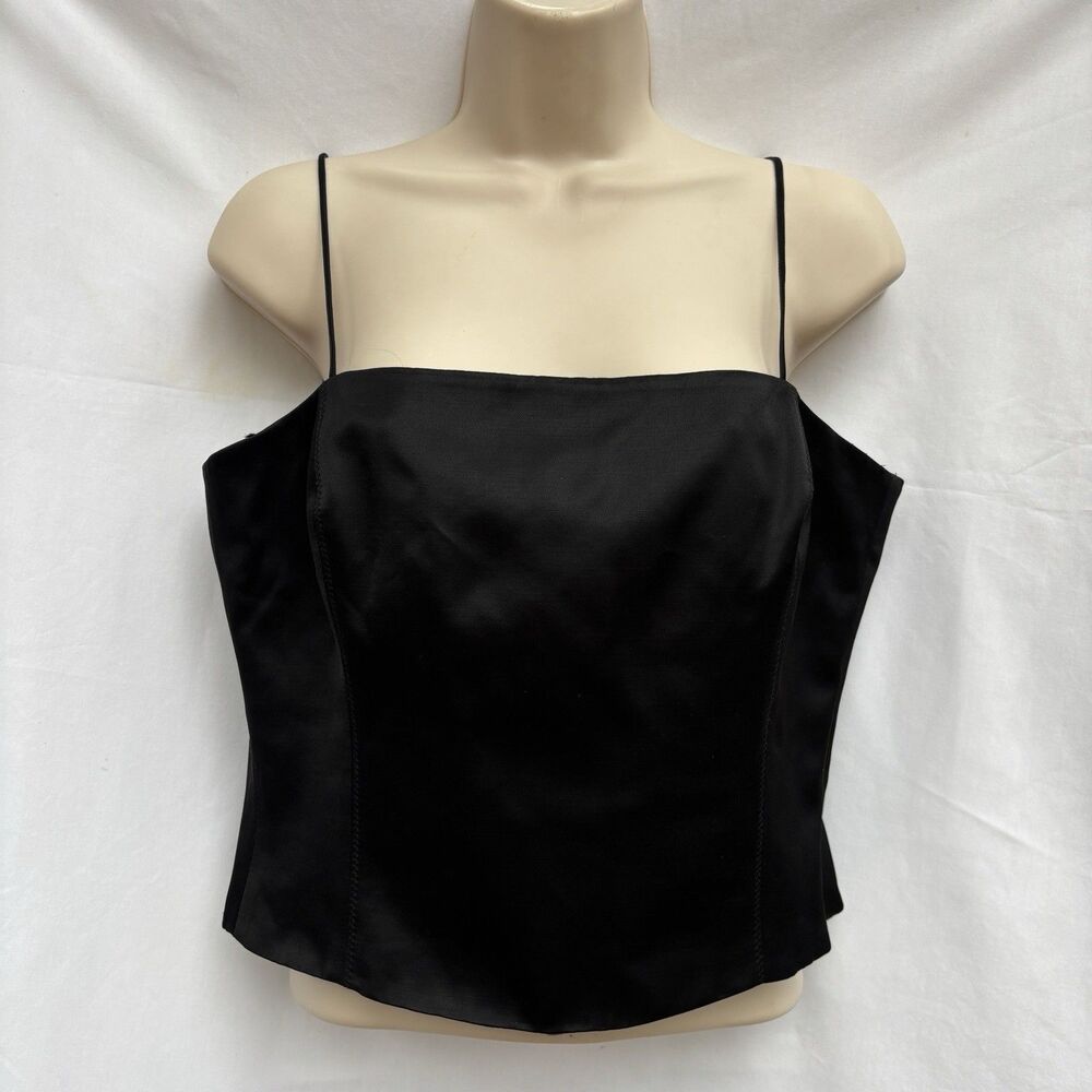 Tahari Tank Top  Satin Cropped Corset Cami  Sleeveless Black Sz 12  EUC